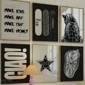 Set of 6 Retro Black & White Gallery Wall Art – Y2K Aesthetic Fashion Collage Prints for Dorm, Y2K Fashion Decor, Trendy Leopard Print