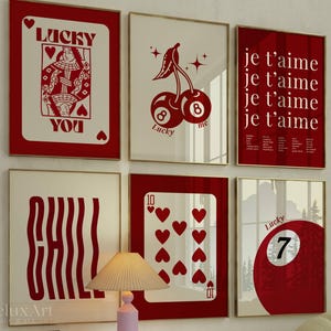 Set of 6 Red Girly Wall Art Set – Stylish Fashion Print Set, Lucky You, XOXO, Y2K Wall Art,  Aesthetic Chic Apartment Decor, Funky Wall Art