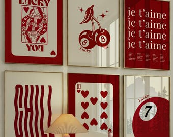 Set of 6 Red Girly Wall Art Set – Stylish Fashion Print Set, Lucky You, XOXO, Y2K Wall Art,  Aesthetic Chic Apartment Decor, Funky Wall Art