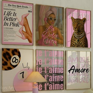 Preppy Leopard Wall Art Set, Pink Y2k Leopard Wall Art Set, Stylish And Cool Girly Aesthetic Art for Dorm Room, Leopard & 8 Ball Print