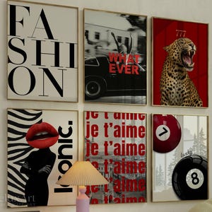 Red Black Girly Leopard Wall Art Set, Y2k Gallery Wall Set, Stylish And Cool Girly Red Aesthetic Art for Dorm Room, Leopard & Collage Print