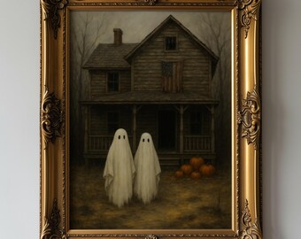Vintage Ghosts Halloween Wall Art – Spooky Ghosts with Pumpkin Painting, Retro Wall Decor for Gothic Home & Seasonal Aesthetic, Ghost Poster