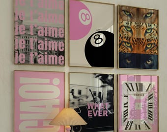 Pink Leopard Wall Art Set, Girly Dorm Decor, Aesthetic Chic Apartment Decor, Preppy Gallery Fashion Print, Stylish Y2K Wall Art, Collage Art