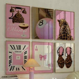 Set van 6 roze muurkunstset, preppy esthetisch chic appartementdecor, roze slaapzaalposters, stijlvolle coquette girly Y2K muurkunst, roze luipaardkunst