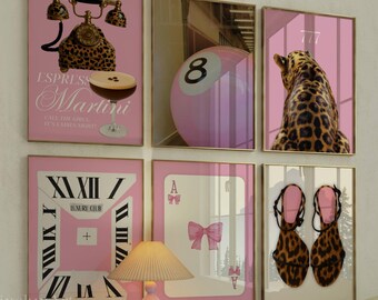 Set of 6 Pink Wall Art Set, Preppy Aesthetic Chic Apartment Decor, Pink Dorm Posters, Stylish Coquette Girly Y2K Wall Art, Pink Leopard Art