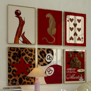 Gallery Girly Red Leopard Wall Art Set, Funky Preppy Prints, Aesthetic Apartment Decor, Trendy Cheetah, Red Y2K Wall Art, Aesthetic Posters