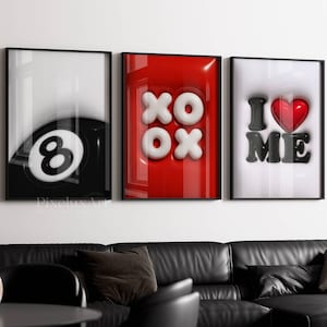 Set di 3 stampe da parete Hypebeast, stampa 3D, arredamento urbano alla moda, poster per sala giochi, arredamento per la stanza HypeBeast, stampa 8 Ball, decorazione da parete XOXO
