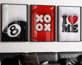 Set of 3 Hypebeast Wall Art, 3D Print, Trendy Urban Street Decor, Cool Game Room Poster, HypeBeast Room Decor, 8 Ball Print, XOXO Wall Decor