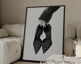 Black & White Leopard Heels Wall Art, Stockholm Modern Aesthetic Chic Dressing Print, Retro Shoe Poster, Fashion Elegant Leopard Print