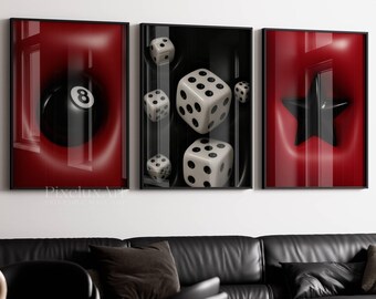 Set of 3 Hypebeast Wall Art, 3D Print, Trendy Urban Street Decor, Cool Game Room Poster, HypeBeast Room Decor, Dice, 8 Ball, Star Wall Art