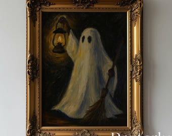Arte mural vintage de fantasmas de Halloween: fantasmas espeluznantes con pintura de calabaza, decoración de pared retro para un hogar gótico y estética de temporada, póster de fantasmas
