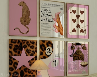 Pink Leopard Wall Art Set of 6, Girly Glam Dorm Decor, Aesthetic Chic Apartment Decor, Preppy Gallery Fashion Print, Stylish Y2K Wall Art