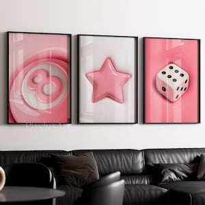 Set di 3 stampe murali Hypebeast rosa, stampe murali 3D, decorazioni urbane alla moda, poster per sala giochi, stampa di palline da 8 rosa HypeBeast, stampe murali a forma di stella