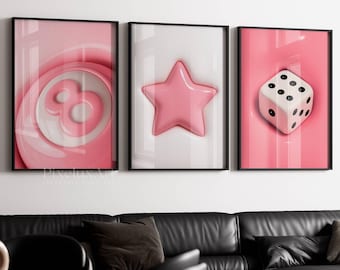 Pink Set of 3 Hypebeast Wall Art, 3D Wall Art, Trendy Urban Street Decor, Cool Game Room Poster, HypeBeast Pink 8 Ball Print, Star Wall Art