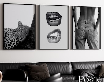 Arte de pared con labios de leopardo y mezclilla / Pósteres de moda elegantes en blanco y negro / Arte de pared imprimible moderno y elegante / Impresiones digitales estéticas de lujo