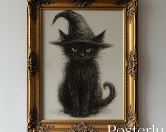 ハロウィンに　ステンドグラス　モビール(魔女、ガイコツ、黒猫) 黒猫魔女のアクリル画：気まぐれなハロウィンアート（16x20インチ