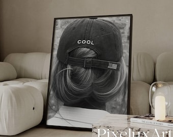 Lámina artística en blanco y negro de una chica cool: póster moderno y elegante con silueta de cuerpo, póster de fotografía con estética de moda Y2K, arte al estilo de Estocolmo.