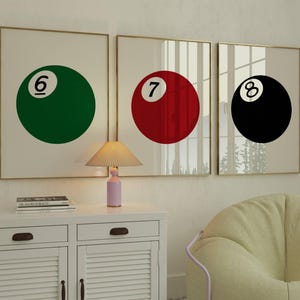 Set of 3 Pool Ball Print, 6, 7, 8 Ball Prints, Retro Game Room Print, Funky Vintage Print, Lucky Poster, Trendy Wall Art, 8 Ball Poster