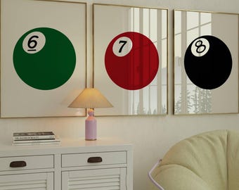Set of 3 Pool Ball Print, 6, 7, 8 Ball Prints, Retro Game Room Print, Funky Vintage Print, Lucky Poster, Trendy Wall Art, 8 Ball Poster
