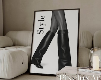 Style Black & White Fashion Poster, Magazine Cover Style Wall Art, Stockholm Style Modern Aesthetic Chic Apartment Decor, Luxury Boots Print