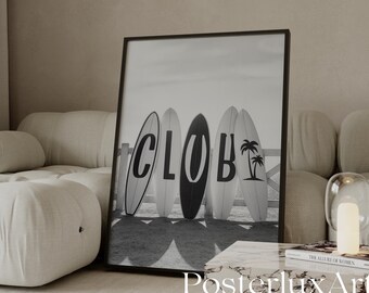 Stockholm Surfboard Print – Black and White Surf Club Poster, Beach Aesthetic Print, Y2K Fashion Coastal Print, Stylish Beach House Decor