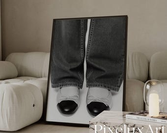 Black And White Shoes Art Print – Modern Stylish Girl Art for Dressing Room, Y2K Fashion Aesthetic Denim Poster, Stockholm Style Poster