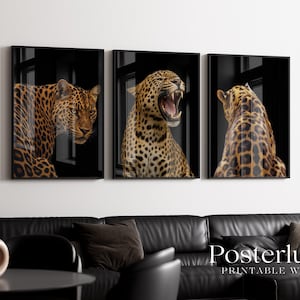 May include: Set of three framed prints featuring detailed images of leopards. The leopards are shown in various poses, including one with its mouth open, revealing its teeth. The artwork is set against a black background, creating a striking contrast.