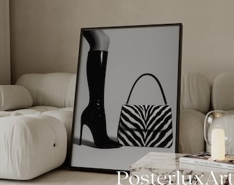 Black & White Luxury Heels Poster, High Heels Fashion Wall Art, Magazine Cover Zebra Wall Art, Stockholm Style Aesthetic Luxury Boots Print