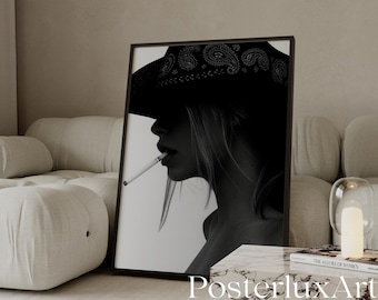 Stockholm Style Cowboy Girl Wall Art, Black & White Western Fashion Print – Stylish Body Silhouette Poster, Y2K Fashion Aesthetic Poster