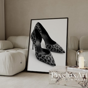 Black and White Leopard Heels Wall Art, Stockholm Modern Aesthetic Chic Apartment Decor, Retro Heels Poster, Fashion Elegant Leopard Print