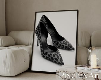 Black and White Leopard Heels Wall Art, Stockholm Modern Aesthetic Chic Apartment Decor, Retro Heels Poster, Fashion Elegant Leopard Print