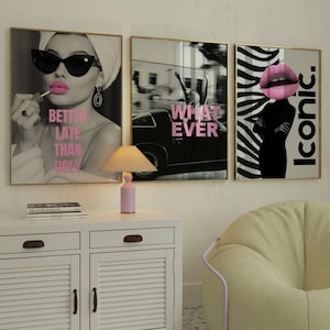 Set of 3 Collage Apartment Print, Black And White Y2k Fashion Print, Feminist Pink Stylish And Cool Girl Aesthetic Art for Teen & Dorm Room