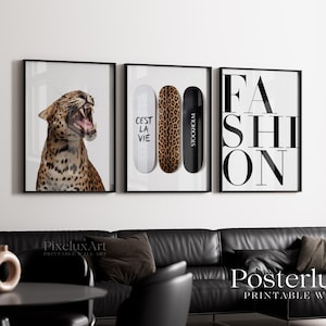 Leopard Fashion Wall Art Set, Stockholm Style Printable Poster, Modern Skateboard Art, Black White Trendy Home Decor, Minimal Gallery Wall