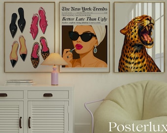 Retro Pink Fashion Leopard Wall Art Set, Girly Glam Y2k Poster Set, Coquette Cool Girly Aesthetic Art for Dorm Room, Preppy Leopard Print