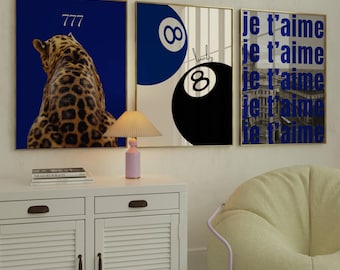 Marineblauwe luipaard muurkunst set, esthetisch chique appartementdecor, marineblauwe modeprint, stijlvolle Y2K muurkunst, collageprint