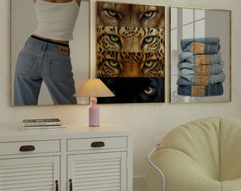 Set of 3 Fashion & Leopard Wall Art Set – Stockholm Style Y2K Aesthetic Cool Girl and Animal Print, Chic Fashion Decor, Stylish Denim Poster