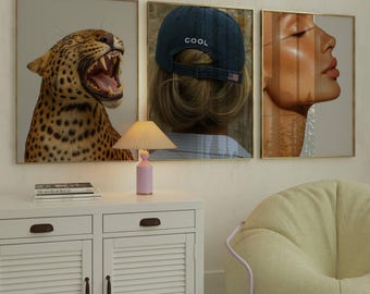 Stockholm Style Fashion & Leopard Wall Art Set – Y2K Aesthetic Cool Girl and Animal Prints, Chic Fashion Decor, Denim, Modern Beauty Print