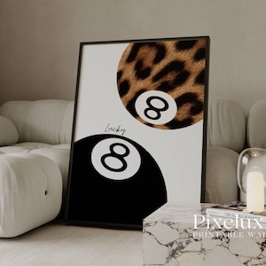 Leopard & Black Lucky 8 Ball Print, Retro Y2K Pool Ball, Leopard 8 Ball Poster, Collage Wall Art, Game Room Print, Lucky Poster