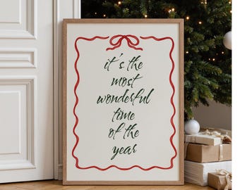 Christmas Quote Wall Art | Red Bow Holiday Print, It’s The Most Wonderful Time Of The Year, Minimal Xmas Typography Print | Festive Wall Art