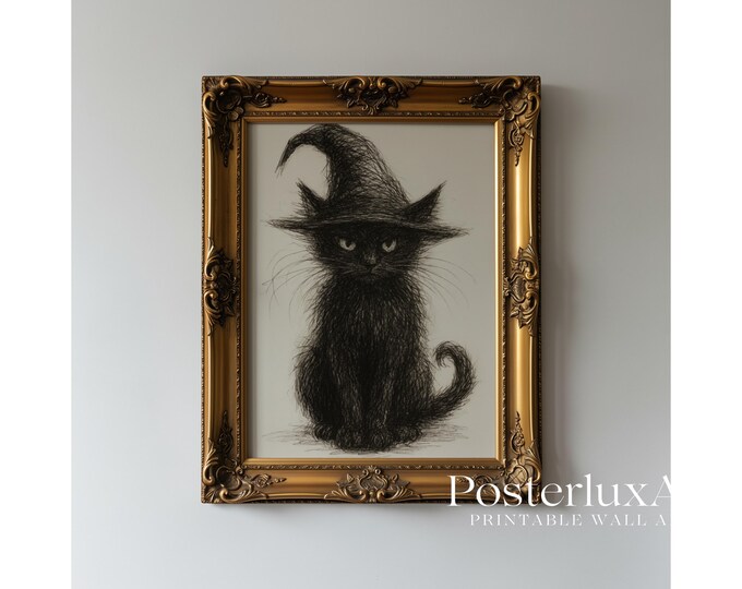 Witch Cat Wall Art Print – Halloween Black Cat Illustration…