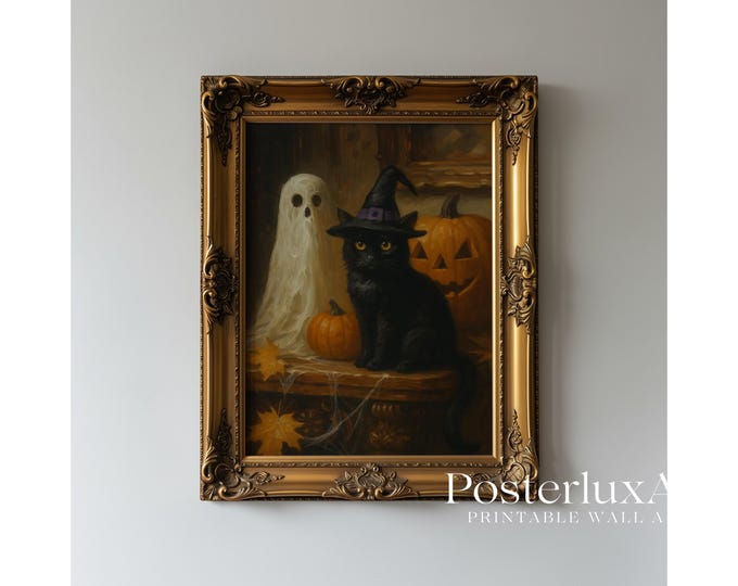 Witch Black Cat Wall Art, Halloween Ghost & Pumpkin Print…