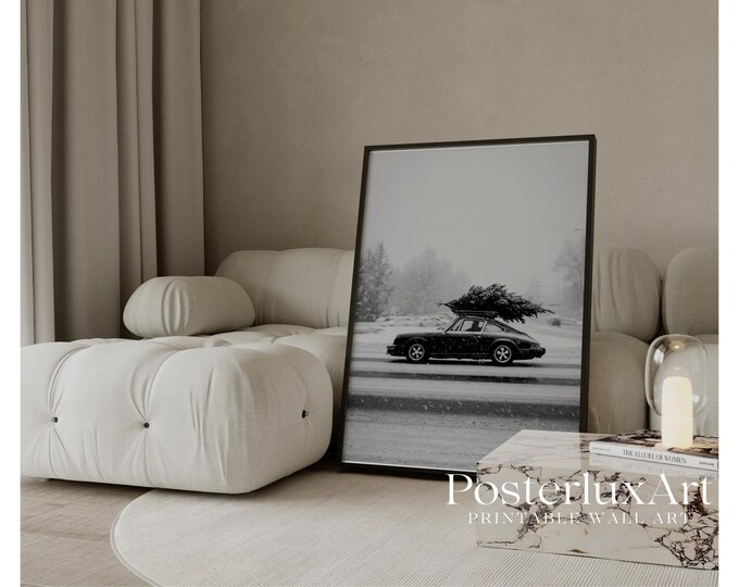 Vintage Car Winter Wall Art, Black and White Snowy Street…
