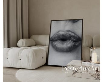 Black and White Kiss Lips Wall Art, image 1