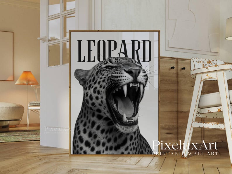 May include: Black and white framed print featuring a roaring leopard with the word "LEOPARD" in bold letters at the top. The image showcases the leopard's open mouth and sharp teeth, creating a striking visual.