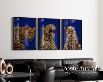 Set of 3 Navy Blue Leopard Wall Art, image 1
