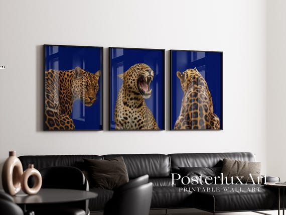 Set of 3 Navy Blue Leopard Wall Art