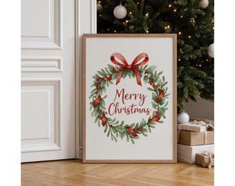 Merry Christmas Wreath Wall Art | Watercolor Holiday Printable | Red Green Christmas Decor | Classic Farmhouse Christmas Print