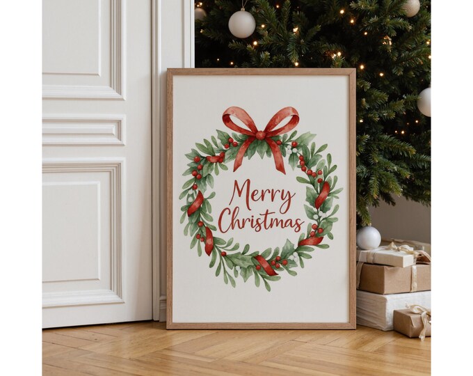Merry Christmas Wreath Wall Art | Watercolor Holiday…