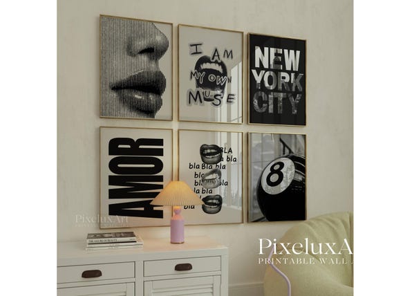 Set of 6 Gallery Wall Print – Fashion Print, NYC Wall Art, Trendy Aesthetic Chic Y2K Apartment Decor, Black And White Funky Art,