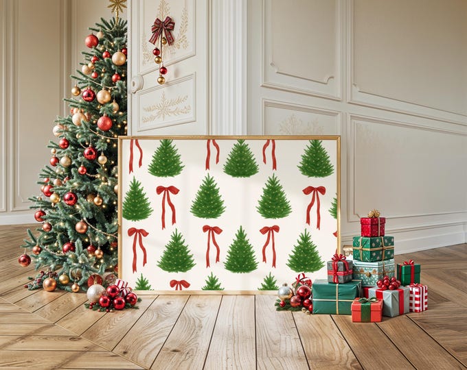 Christmas Tree and Bow Wall Art | Red Green Holiday Print…